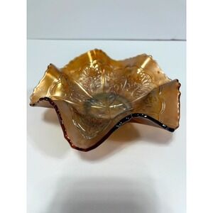 Vintage Marigold Carnival Glass Bowl Ruffle Edge IrIridescent Floral Collectible